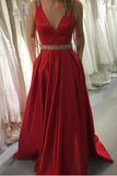 A Line Open Back V Neck Red Long Prom Dresses With Beaded Belt