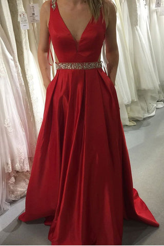 A Line Open Back V Neck Red Long Prom Dresses With Beaded Belt