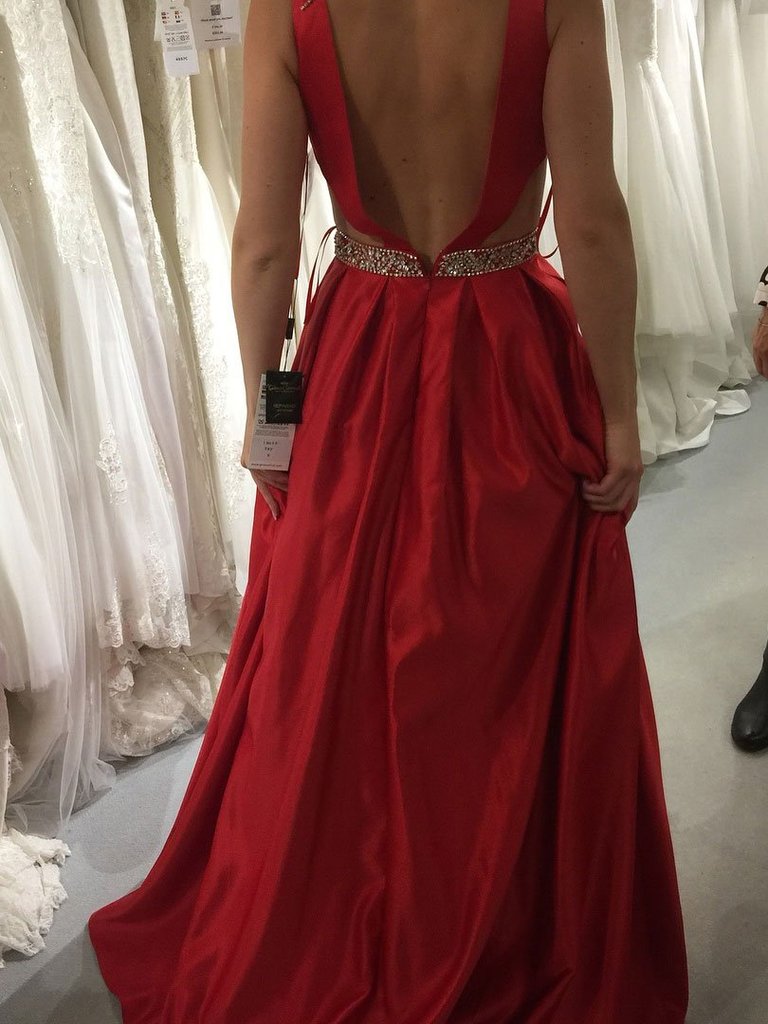 A Line Open Back V Neck Red Long Prom Dresses With Beaded Belt
