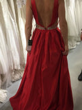 A Line Open Back V Neck Red Long Prom Dresses With Beaded Belt