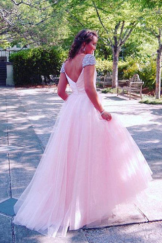 A Line Cap Sleeves Pink Tulle Long Prom Dress Evening Gowns