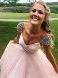 A Line Cap Sleeves Pink Tulle Long Prom Dress Evening Gowns