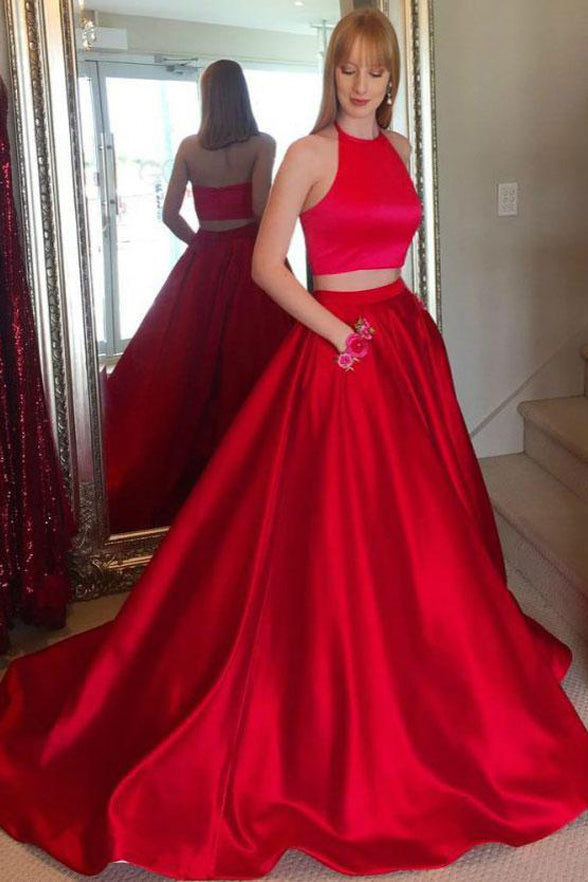 Elegant 2 Pieces Halter Bodice Red Prom Dresses With Pocket