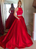 Elegant 2 Pieces Halter Bodice Red Prom Dresses With Pocket