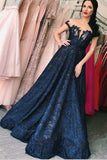 A Line Cap Sleeves Navy Blue Lace Prom Dresses