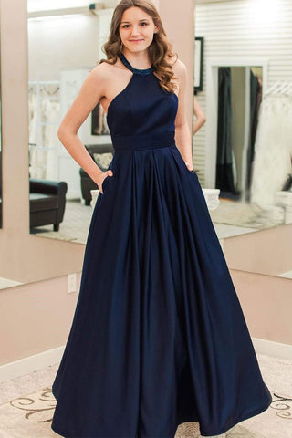 A Line Navy Blue Empire Waist Pregnant Satin Prom Dresses Party Gowns Formal Dress