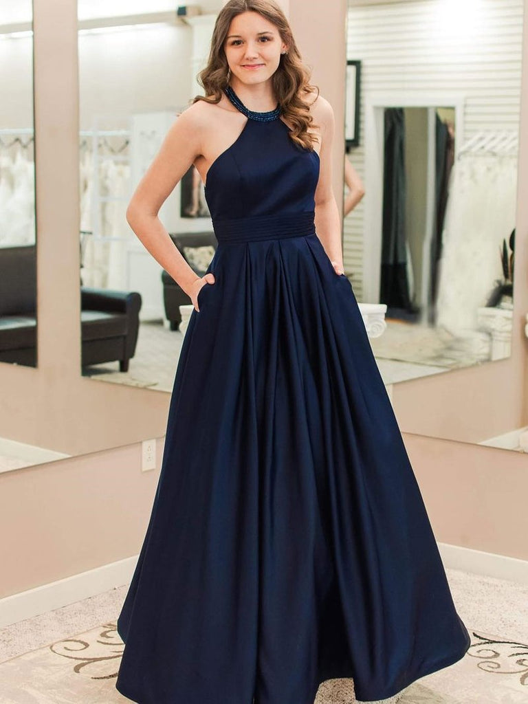 A Line Navy Blue Empire Waist Pregnant Satin Prom Dresses Party Gowns Formal Dress