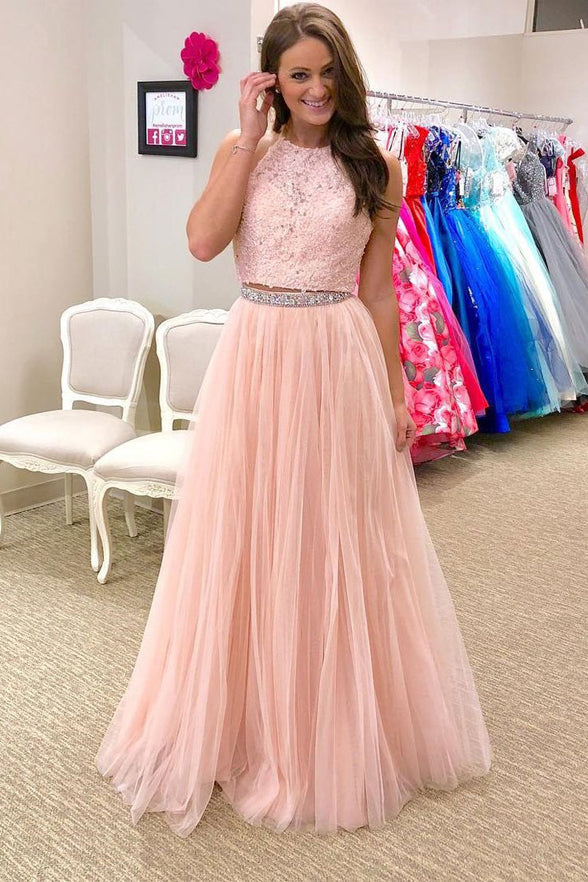 Two Pieces High Neck Pink Lace Tulle Long Prom Dresses Party Gowns Formal Woman Dress