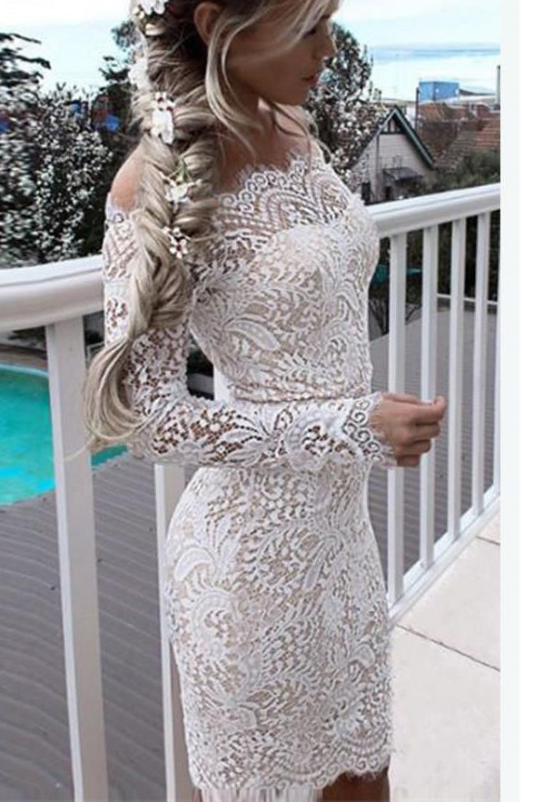 Long Sleeves White Lace Sheath Short Prom Dress Homecoming Dresses LD ...