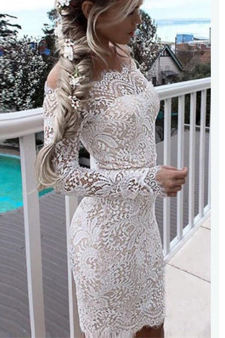 Long Sleeves White Lace Sheath Short Prom Dress Homecoming Dresses Cocktail Dress