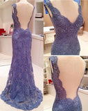 V-Neck Lace Mermaid Charming Applique Open Back Sweep Train Evening Dresses Prom Gowns - Laurafashionshop