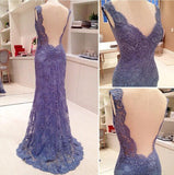 V-Neck Lace Mermaid Charming Applique Open Back Sweep Train Evening Dresses Prom Gowns - Laurafashionshop