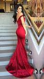 Off Shoulder Fitted Bodice Charming Red Sexy Low Back Trumpet Long Prom Dress - Laurafashionshop