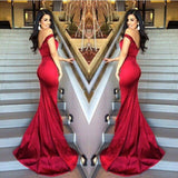 Off Shoulder Fitted Bodice Charming Red Sexy Low Back Trumpet Long Prom Dress - Laurafashionshop