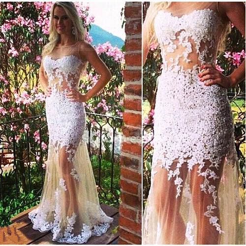 Charming Sleeveless Diyouth White Lace Custom Formal Evening Dress - Laurafashionshop