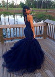 Halter Mermaid Navy Blue New Long Beaded Formal Evening Gowns Prom Dresses