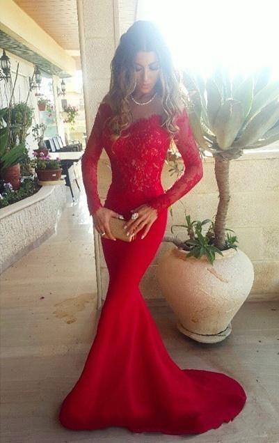 Charming Sexy Mermaid Long Sleeve Red Lace Prom Dresses - Laurafashionshop