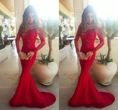 Charming Sexy Mermaid Long Sleeve Red Lace Prom Dresses - Laurafashionshop