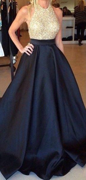 Halter Designer Beaded Black Satin Sexy Evening Prom Dress - Laurafashionshop