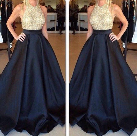 Halter Designer Beaded Black Satin Sexy Evening Prom Dress - Laurafashionshop