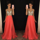 Sleeveless crystal Elegant V-Neck Long chiffon Online Prom Dresses