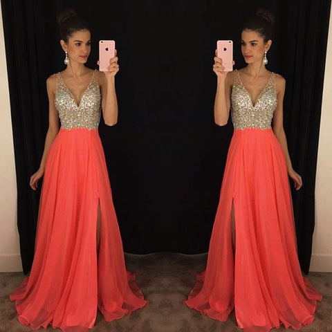 Sleeveless crystal Elegant V-Neck Long chiffon Online Prom Dresses