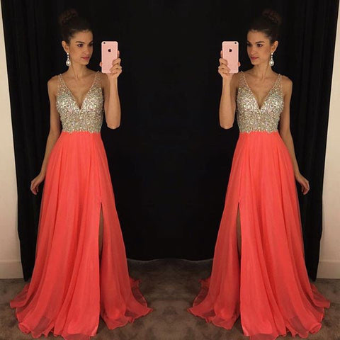 Sleeveless crystal Elegant V-Neck Long chiffon Online Prom Dresses