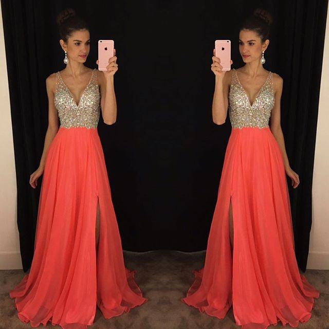 Sleeveless crystal Elegant V-Neck Long chiffon Online Prom Dresses