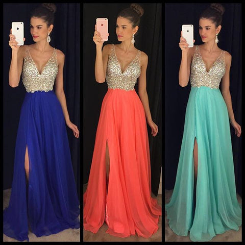 Crystal Elegant V-Neck Sleeveless Charming Long chiffon Online Prom Dresses