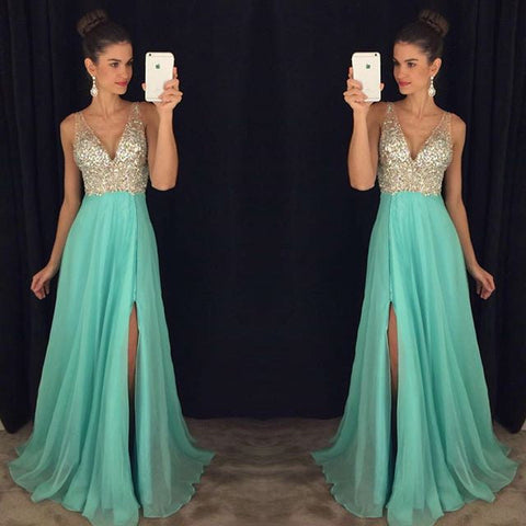 Charming Elegant V-Neck Sleeveless crystal Long chiffon Online Prom Dresses