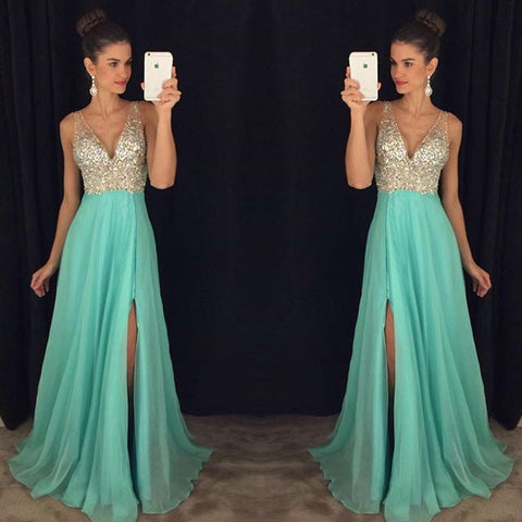 Charming Elegant V-Neck Sleeveless crystal Long chiffon Online Prom Dresses