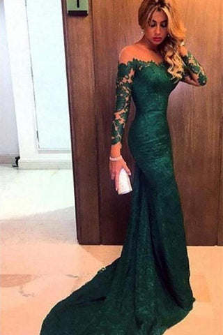 Mermaid Dark Green Long Sleeve Lace Prom Dresses Evening Gown - Laurafashionshop