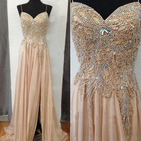 Front Slit Chiffon Beaded Long Formal Dresses Prom Dresses - Laurafashionshop