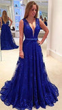 Long Sexy Backless Royal Blue V neck Prom Dresses Evening Gowns - Laurafashionshop