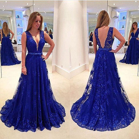Long Sexy Backless Royal Blue V neck Prom Dresses Evening Gowns - Laurafashionshop