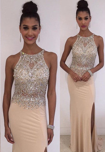 High Neck Mermaid Beaded Evening Gowns Long Prom Dress