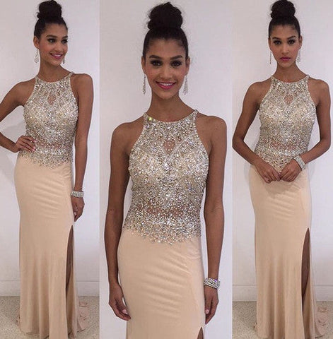 High Neck Mermaid Beaded Evening Gowns Long Prom Dress