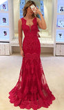 Sheath Red Lace Sexy Evening Dresses Front Split Prom Dress