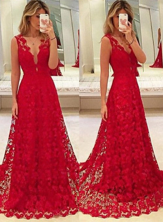 Sheath Red Lace Sexy Evening Dresses Front Split Prom Dress