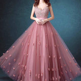 A-line Beaded Long Lace Sleeveless Floral-Appliques Prom Dresses - Laurafashionshop