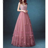 A-line Beaded Long Lace Sleeveless Floral-Appliques Prom Dresses - Laurafashionshop