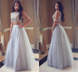Two pieces Unique Gray tulle long prom dress gray evening dress - Laurafashionshop