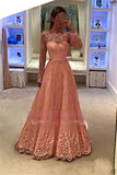Long Sleeves Blush Lace Beaded Detail Evening Formal Dresses - Laurafashionshop