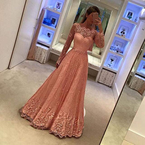 Long Sleeves Blush Lace Beaded Detail Evening Formal Dresses - Laurafashionshop