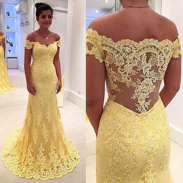 Arabic Mermaid Light Yellow Lace Evening Gowns Long Prom Wedding Guest Dresses