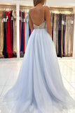 V-neck Party Dress Elegant Light Sky Blue Spaghetti-Straps Tulle Long Prom Dress With Beads