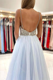 V-neck Party Dress Elegant Light Sky Blue Spaghetti-Straps Tulle Long Prom Dress With Beads