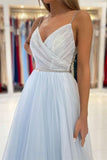 V-neck Party Dress Elegant Light Sky Blue Spaghetti-Straps Tulle Long Prom Dress With Beads