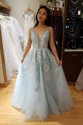 Backless Beading Spaghetti Straps Light Blue V Neck Tule Prom Dresses