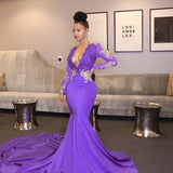 V-Neck Mermaid Purple Long Sleeves  Long Prom Dress With Lace Appliques
